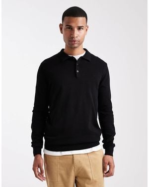 Brave Soul Placket Long Sleeve Polo Top - Black