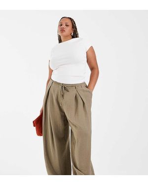 ASOS Asos Design Curve Textured Wide Leg Trousers With Tie Waist - Natural