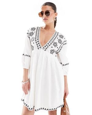 New Look Embroidered Smock Mini Dress - White