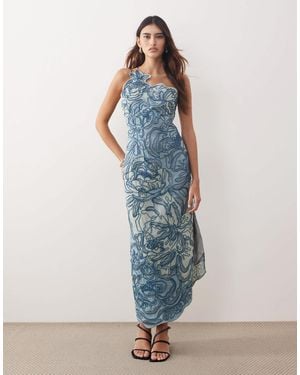 ARRANGE Linear Floral Embroidered One-shoulder Column Maxi Dress - Blue