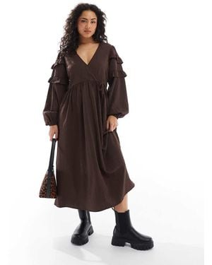 Wednesday's Girl Ruffle Sleeve Midi Smock Dress - Brown
