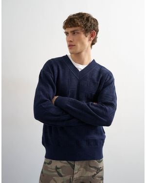 TOPMAN Relaxed Fit Knitted V-Neck Sweater With Texture - Blue