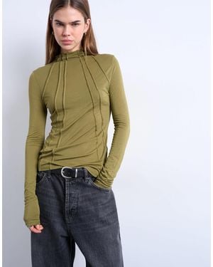TOPSHOP High Neck Seam Detail Long Sleeve Top - Green