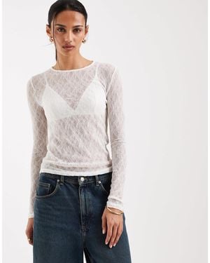 Aware Long Sleeve Round Neck Sheer Lace Top - White
