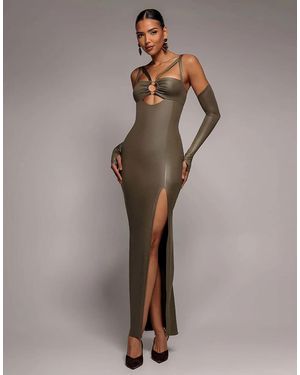 Goddiva Faux Leather Cut Out Maxi Dress - Brown