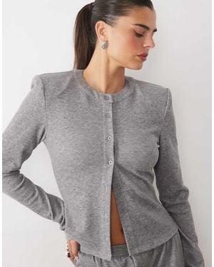 Missy Empire Ribbed Button Through Shoulder Pad Top Co-Ord - Grey
