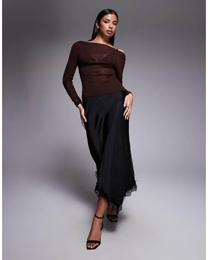 River Island Falda Negra De Satén Con Ribete De Encaje De - Negro