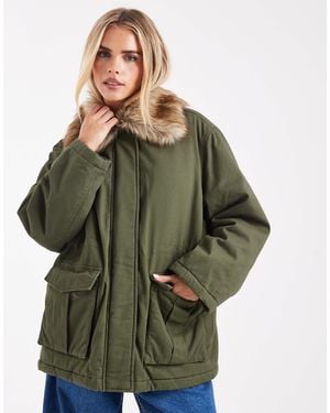 Miss Selfridge Faux Fur Collar Parka - Green