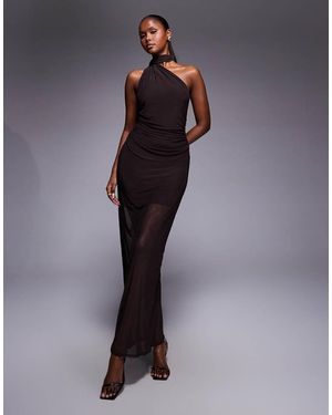 Fashionkilla Exclusive Mesh Overlay Neck Tie Detail Sheer Hem Maxi Dress - Blue