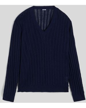 Aspesi Pullover Aus Baumwoll-Leinengarn Mit V-Ausschnitt - Blau