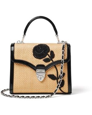 Aspinal of London Midi Mayfair Rose Hand Embroidery On Natural Raffia - Metallic