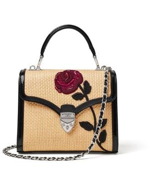 Aspinal of London Midi Mayfair Rose Hand Embroidery On Natural Raffia - Black