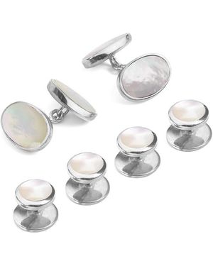 Aspinal of London Sterling & Mother Of Pearl Oval Cufflinks & Dress Shirt Studs Set - Metallic