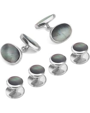 Aspinal of London Sterling & Mother Of Pearl Oval Cufflinks & Dress Shirt Studs Set - Metallic