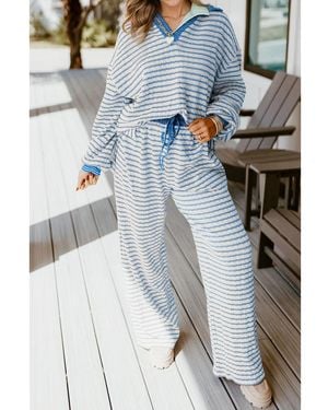 Everyday the Label Collared Pullover Top And Drawstring Pant Set - Blue