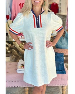Everyday the Label Textured Jacquard Colourblock Edge Puff Sleeve Quarter Zip Mini Dress - White