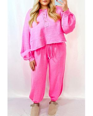 Everyday the Label Plus Size Henley Drop Shoulder Pullover And Jogger Trousers Two Piece Set - Pink