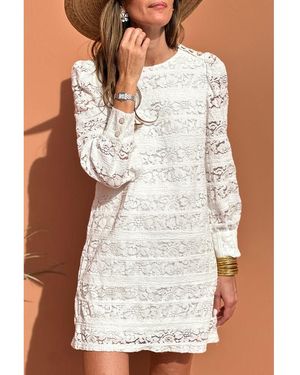 Everyday the Label Lace Crochet Round Neck Puff Sleeve Shift Mini Dress - White