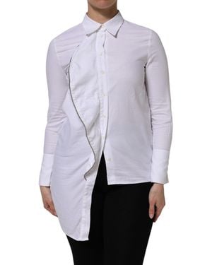 Aglini White Cotton Collared Long Sleeves Ruffle Top Shirt - Blue