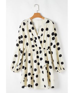 Everyday the Label Polka Dot Printed Surplice V Neck Puff Sleeve Mini Dress - White