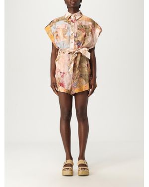 Zimmermann Printed Shirt Romper With Tie Belt And Short Sleeves - Natural