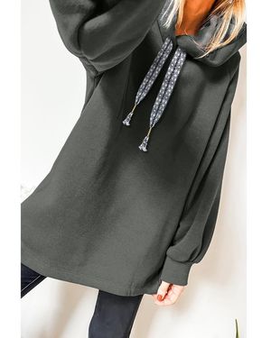 Everyday the Label Fleece Lined Adjustable Drawstring Oversize Tunic Hoodie - Black