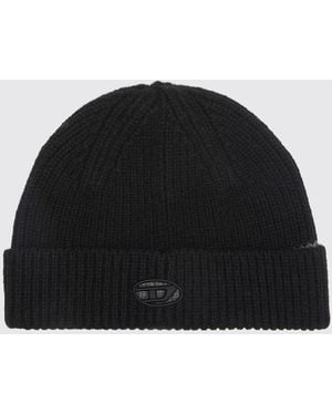 DIESEL Ribbed Knit Beanie Hat With Applique Accent - Black