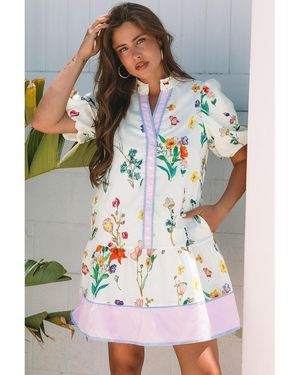 Everyday the Label Floral Print Contrast Striped Patchwork Short Puff Sleeve Dress - White