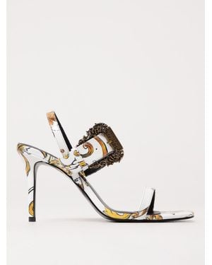 Versace Elegant Heeled Sandals With Striking Printed Design And Ankle Strap Closure - White