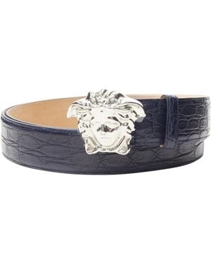Versace Italian Leather Belt With Iconic Medusa Head Buckle - Blue