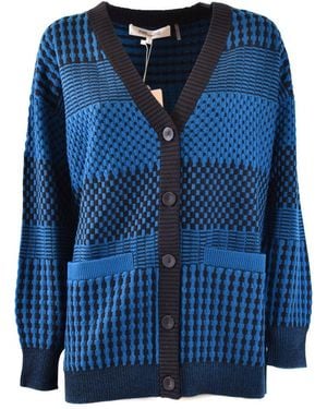 Diane von Furstenberg V-Neck Button-Up Long Sleeve Cardigan With Front Pockets - Blue