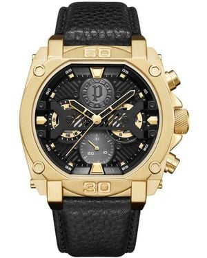 Police Black Leather Watch - Metallic