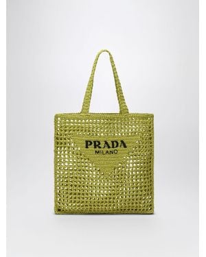 Prada Woven Raffia Effect Tote Bag With Embroidered Logo - Green