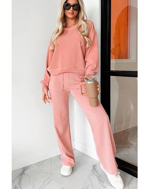 Everyday the Label Ribbed Knit Drop Shoulder Pocketed Two Piece Lounge Set - Pink