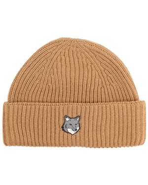 Maison Kitsuné Beanie With Fox Patch - Brown