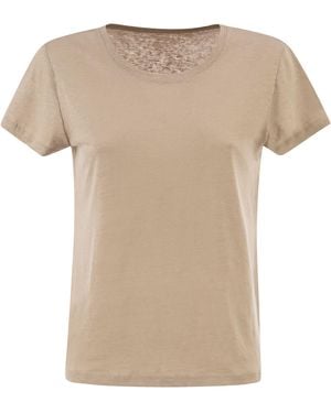 Majestic Stretch Linen T-Shirt With Round Neckline - Natural