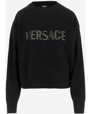 Versace Pull en laine côtelé avec goujons - Noir