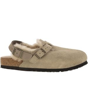 Birkenstock Tokio Shearling Suede And Lambskin Slippers - Natural
