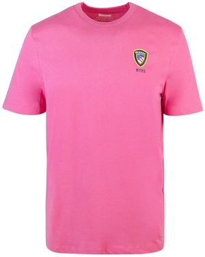 Blauer T -Shirt Rosa in Cotone Con Stampa Logo Mini Scudetto - Pink