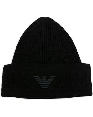 Emporio Armani Bonnet Côtelé À Logo Brodé - Noir