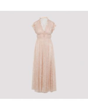 Alberta Ferretti Lace Maxi Dress With Deep V-Neckline And Flutter S - Pink
