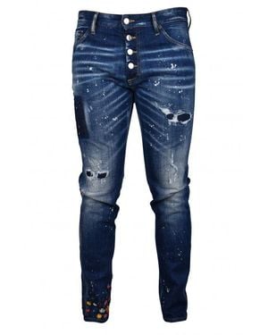 DSquared² Distressed Floral Embroidered Jeans - Blue