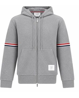 Thom Browne Kapuzenpullover mit durchgehendem Reißverschluss aus Piqué-Loopback mit RWB-Streifen - Grau