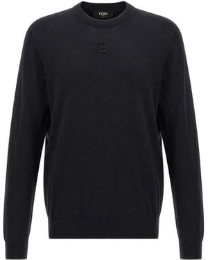 Fendi Embossed Logo Wool Yarn Sweater With Crew Neck And - Blau