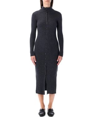 Sessun Charcoal Ribbed Knit Midi Dress With Buttons - Blue
