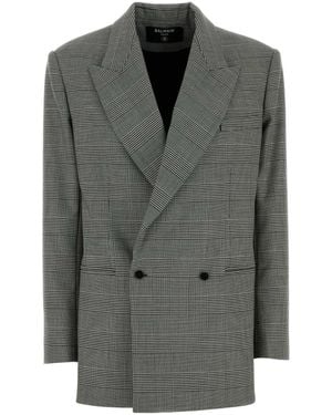 Balmain Houndstooth Double-Breasted Wool-Blend Blazer - Gray