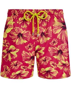 Vilebrequin Swim Shorts With Hibiscus Print And Matching Pouch - Red