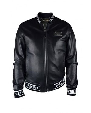 Philipp Plein Leather Bomber Jacket With Logo Accents - Black