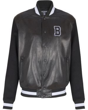 Balmain Varsity Leather Bomber Jacket - Gray