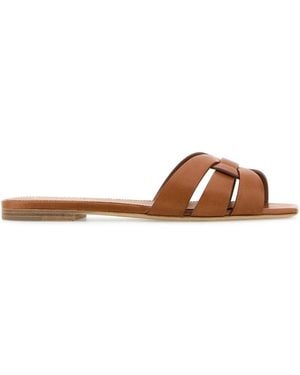 Saint Laurent Tribute Leather Slippers - Brown